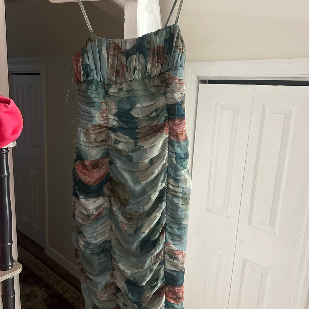 Zara Floral Ruched Spaghetti Strap Dress